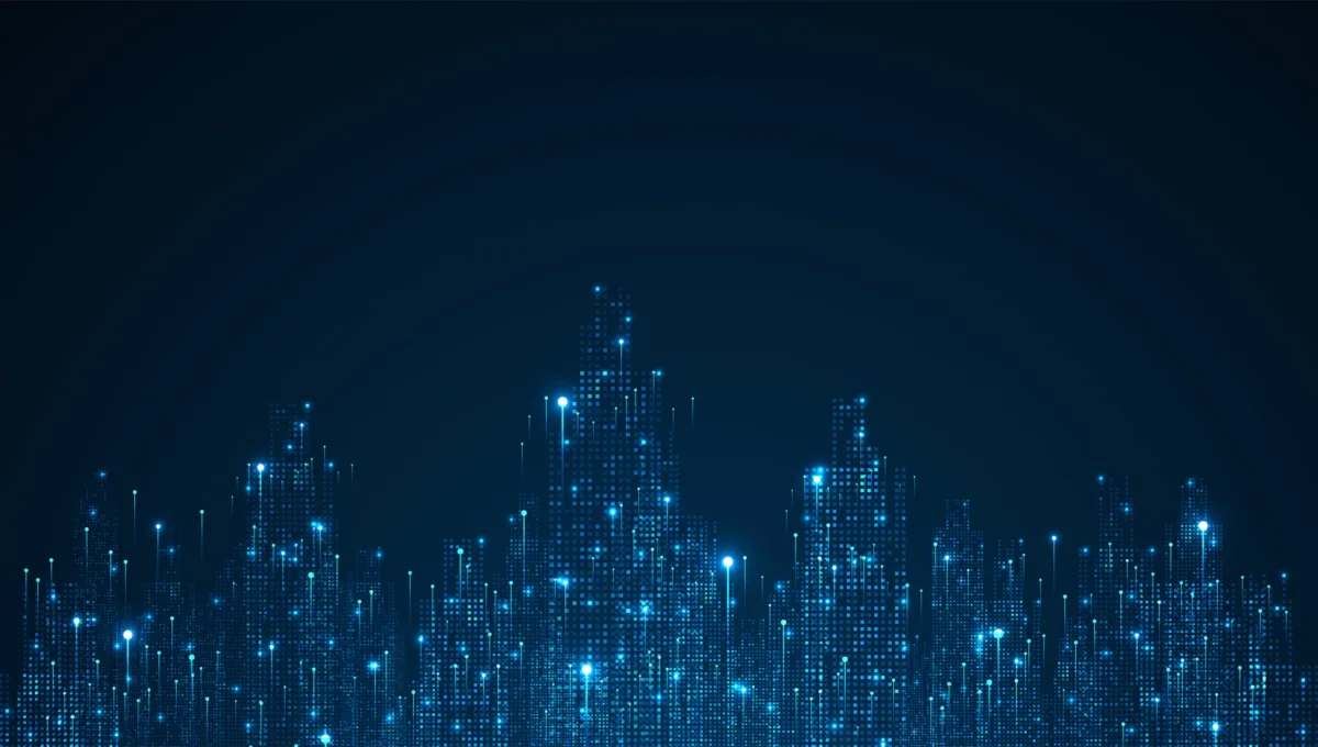 Cityscape on dark blue background with bright glowing neon. Technology city background