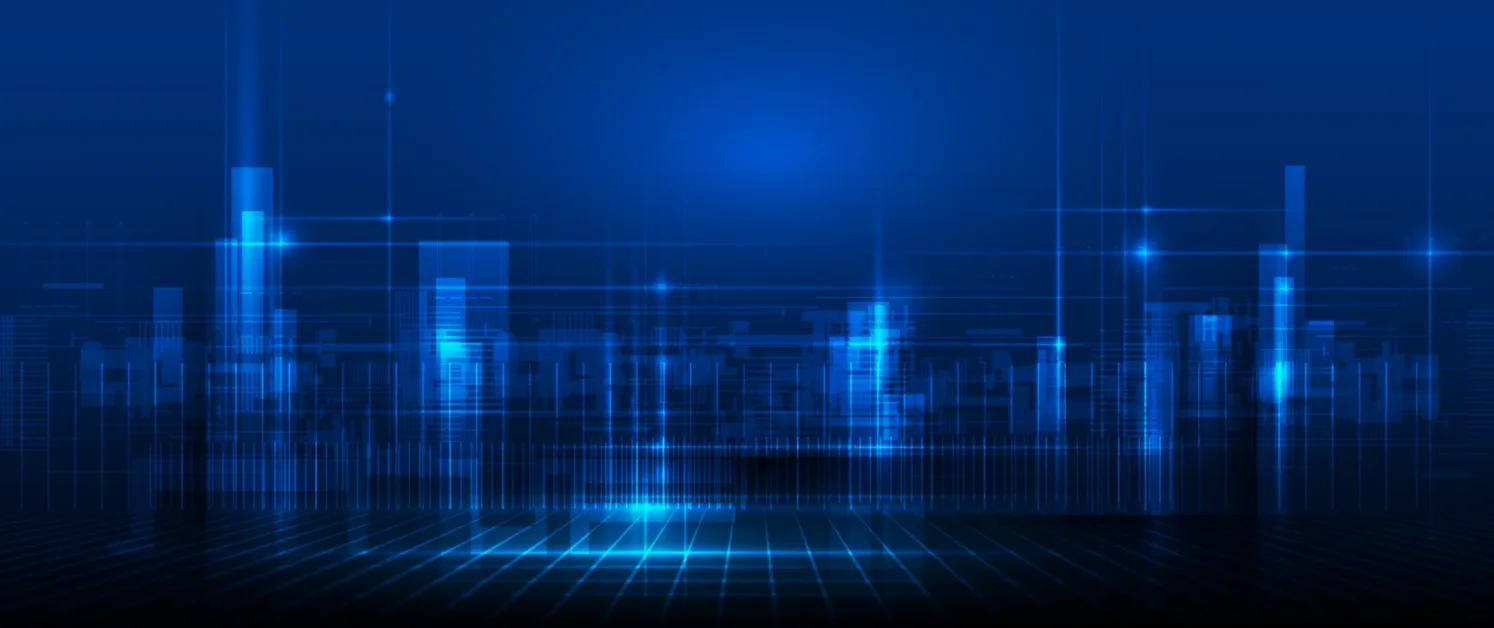 Vector illustration urban architecture, cityscape with space and neon light effect. Modern hi-tech, science, futuristic technology concept. Abstract digital high tech city design for banner background