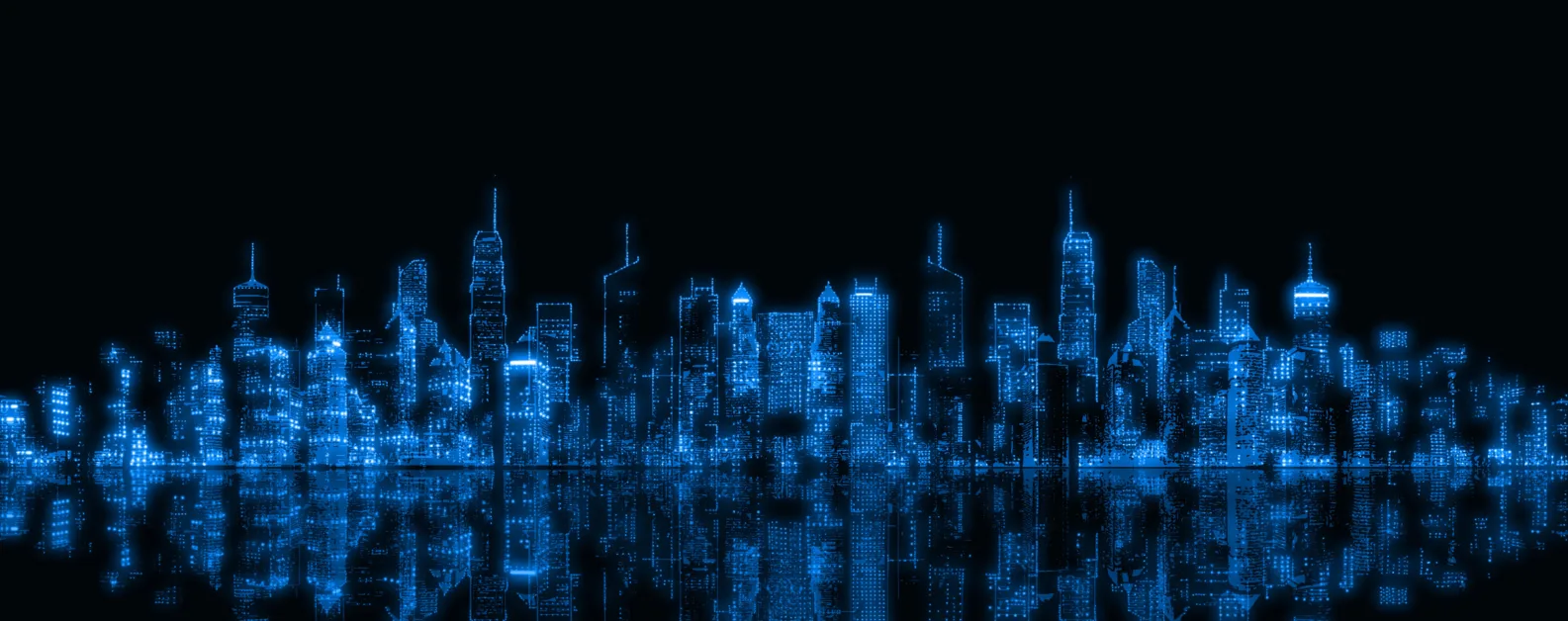 Abstract digital urban architecture: cityscape with glowing neon light and reflection. A modern hi-tech skyscraper scene. Sci-fi and futuristic technology background.