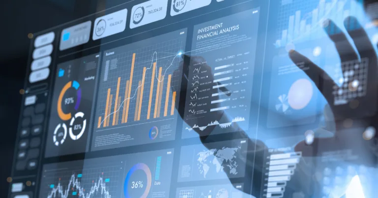 Analyst working with Business Analytics and Data Management System on computer to make report with KPI and metrics connected to database. Corporate strategy for finance, operations, sales, marketing.