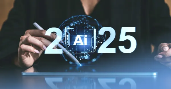 2025 forecast with AI technology concept on futuristic interface displayed on tablet.