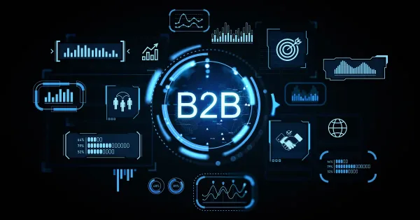 Futuristic B2B digital interface with data analytics and business communication icons concept on dark background in glowing blue style. 3D Rendering