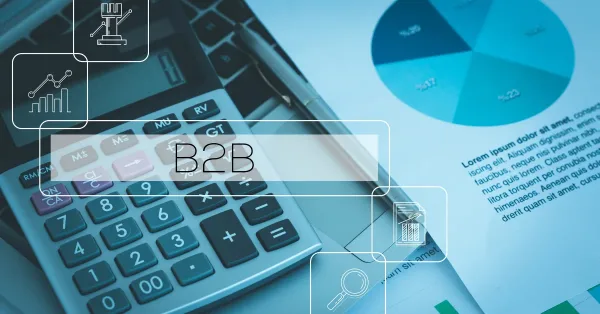 B2B marketing ROI concept with calculator, financial charts, and analytics icons representing marketing measurement and performance.